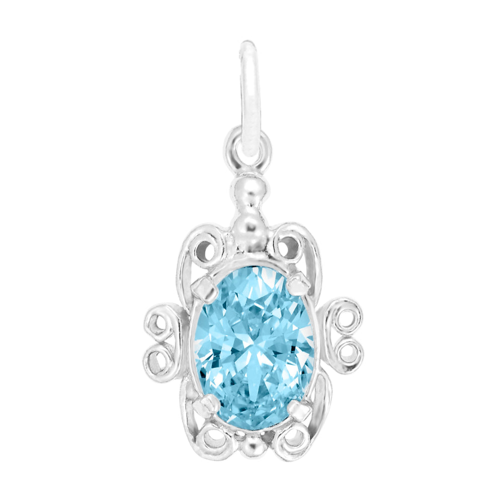Silver pendant with a blue gemstone on a white background