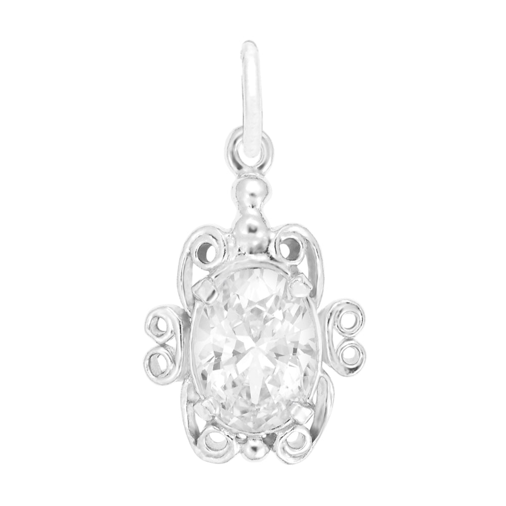 Silver pendant with a clear gemstone on a white background