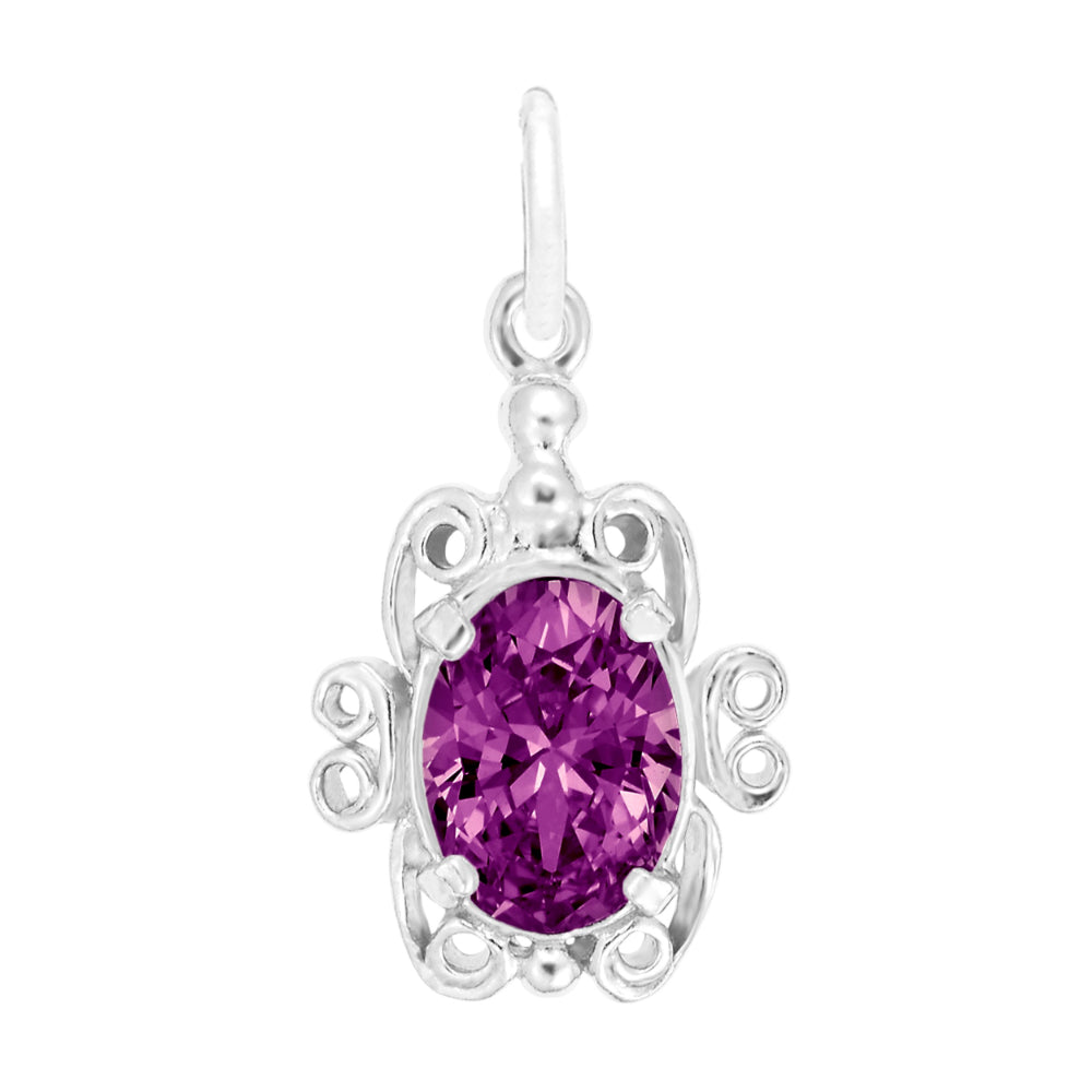 Silver pendant with a purple gemstone on a white background