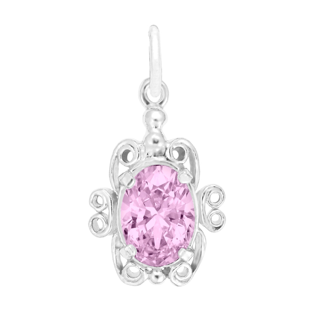 Silver pendant with a pink gemstone on a white background