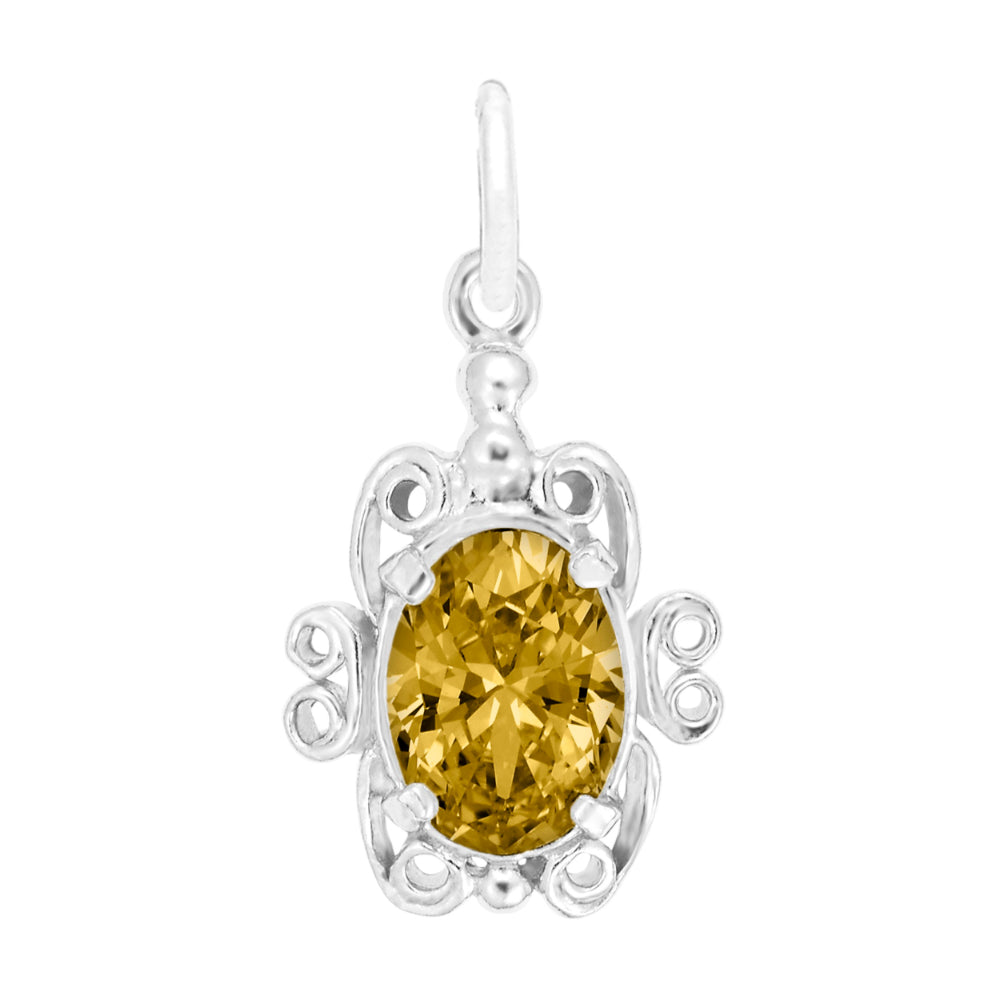 Silver pendant with a yellow gemstone on a white background