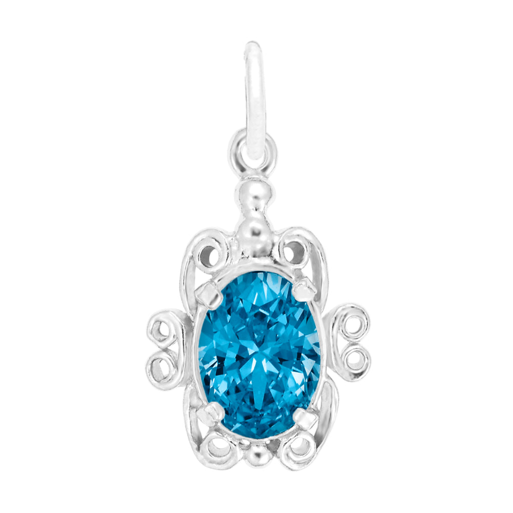 Silver pendant with a blue gemstone on a white background
