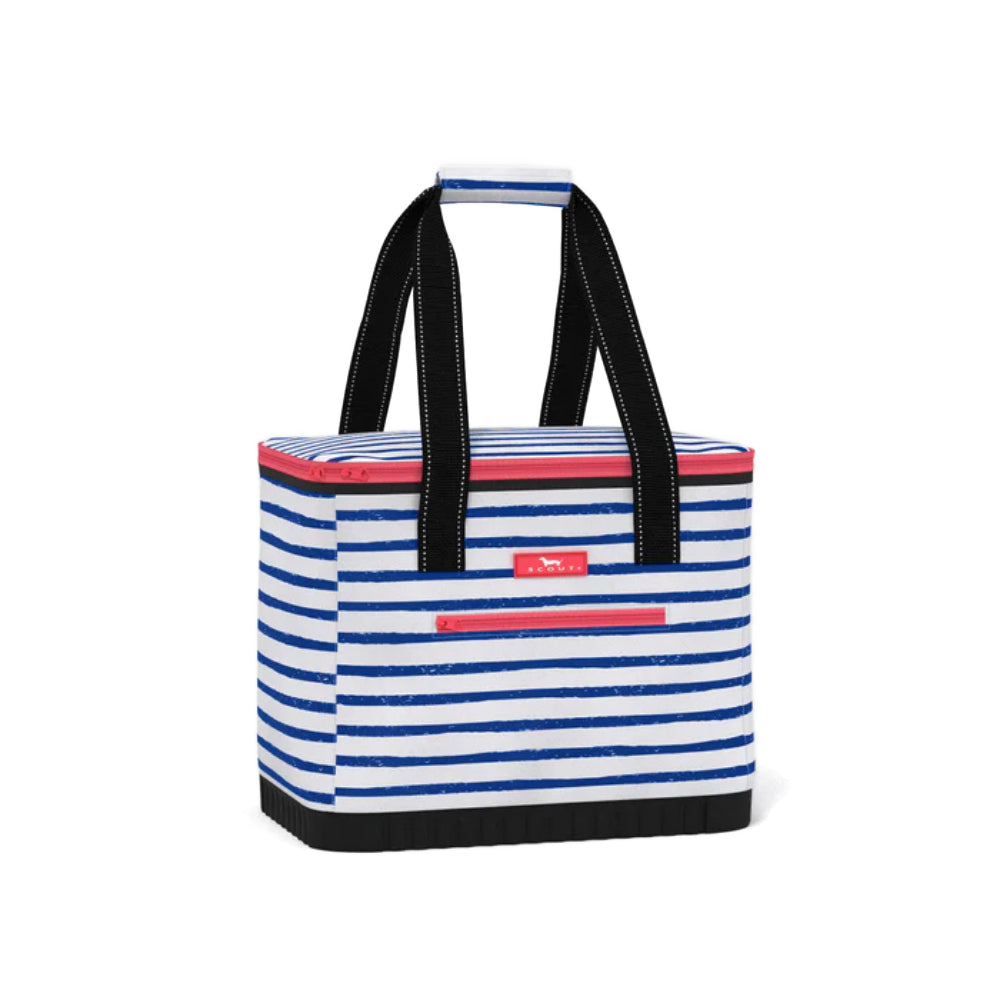 Striped blue and white tote bag with black handles on a white background