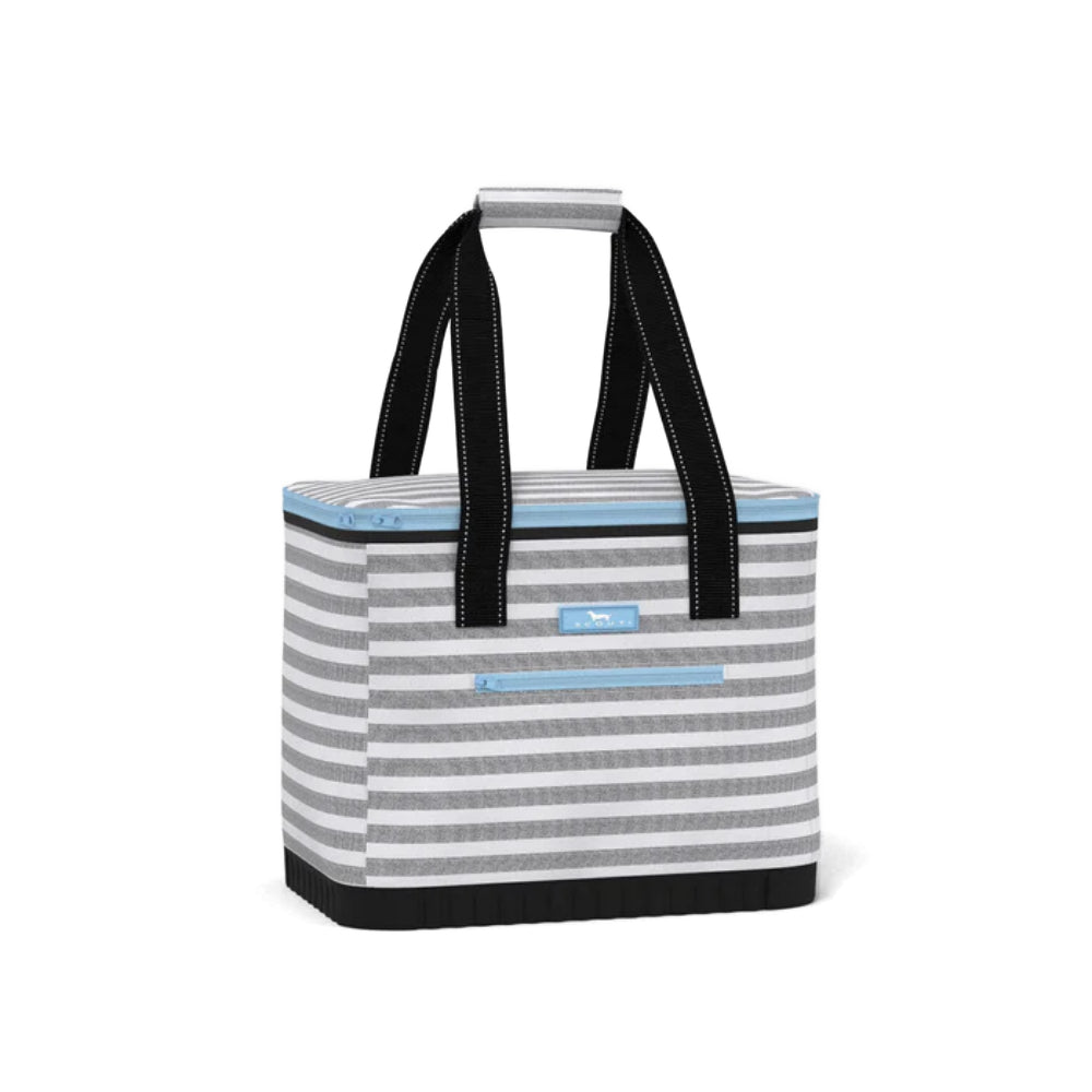 Striped grey and white tote bag with black handles on a white background