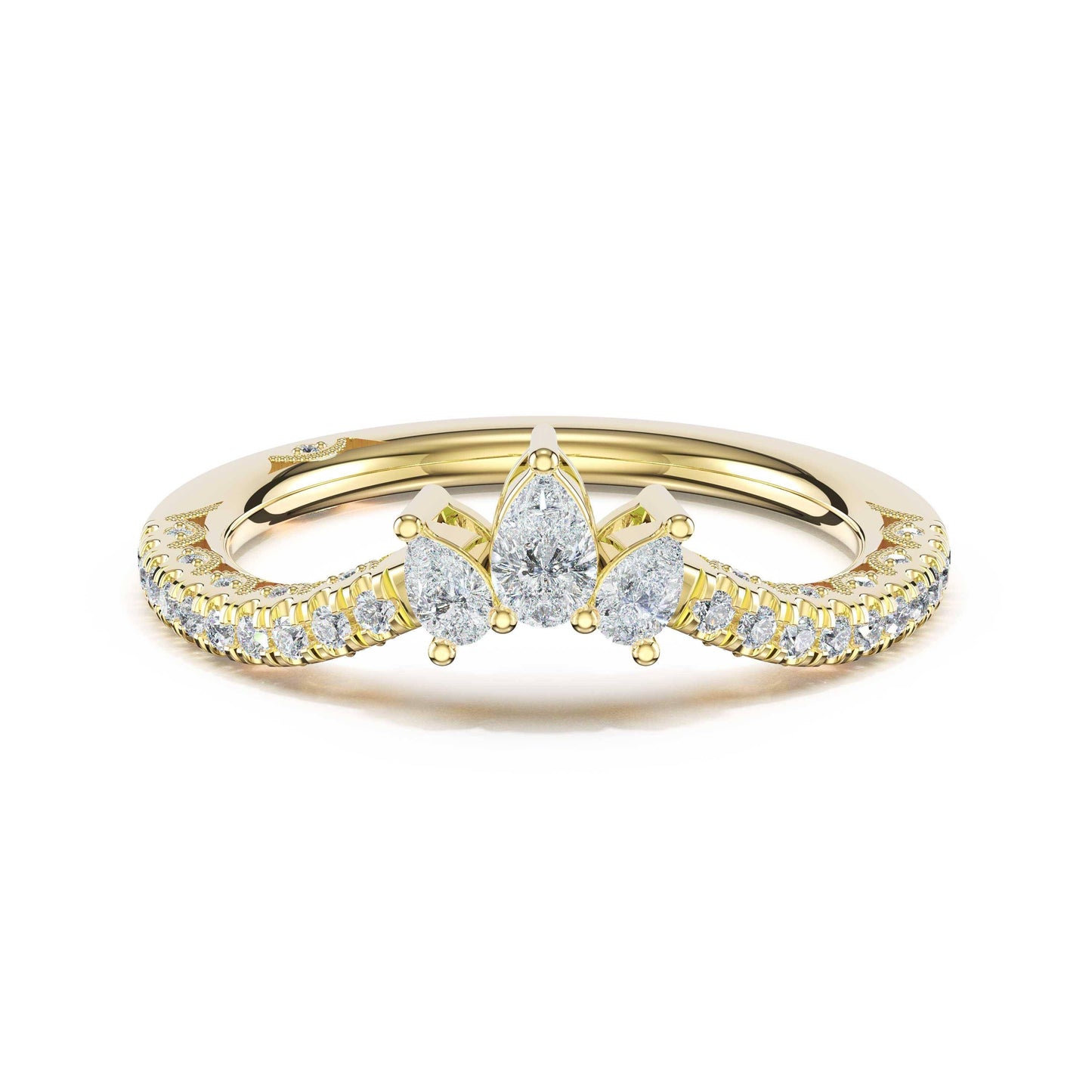 A yellow gold ring featuring three pear-cut clear center stones and pavé-set clear accent stones along the shoulders, shown on a plain white background.