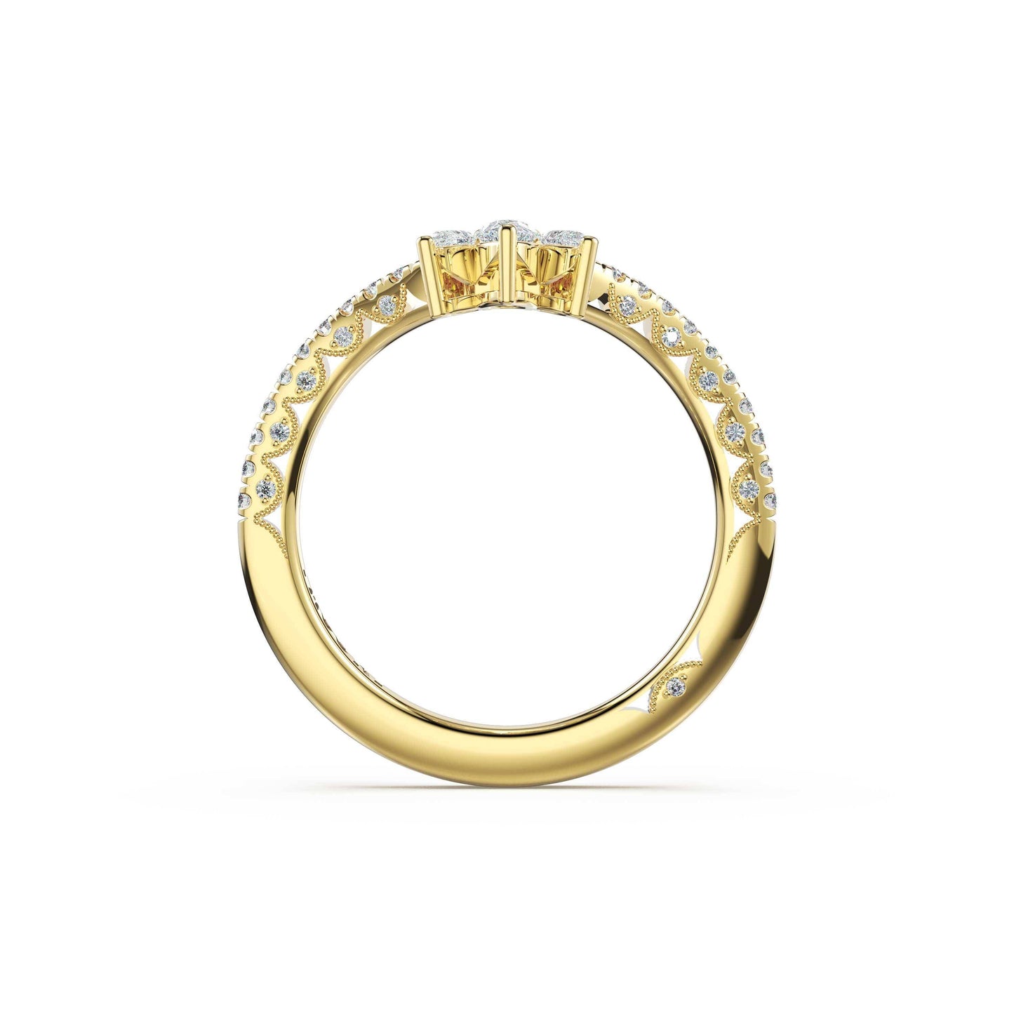 Gold ring with diamond accents on a white background