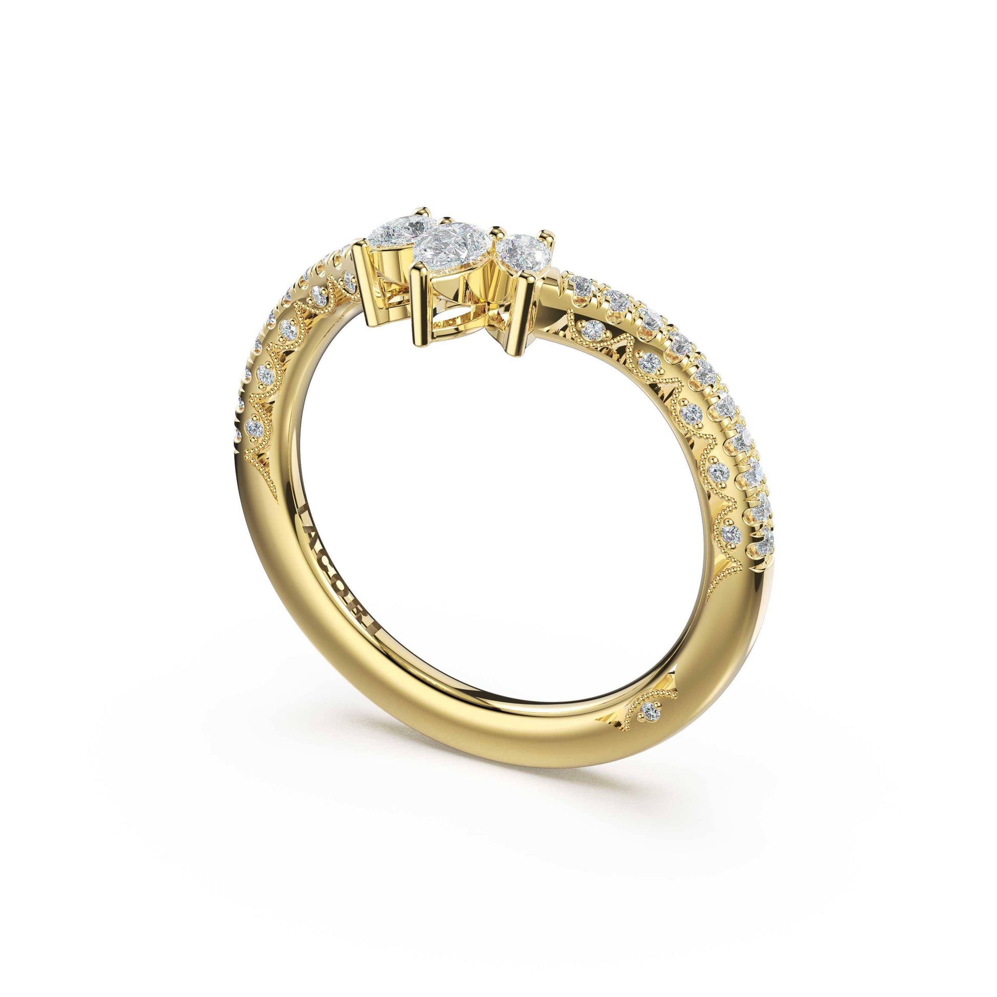 Gold ring with diamond accents on a white background