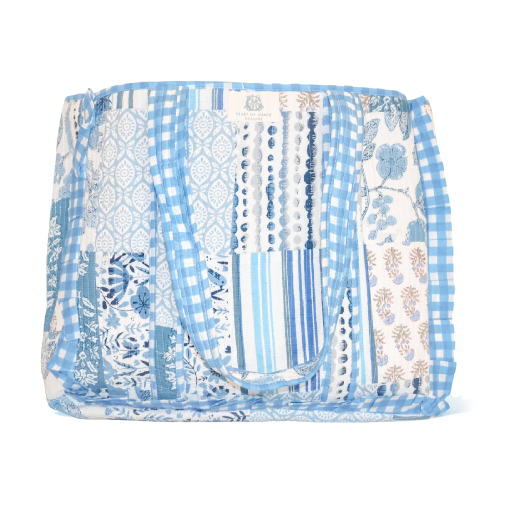 Heart of Grace Bleu Chapelle Large Quilted Ruffle Tote Bag