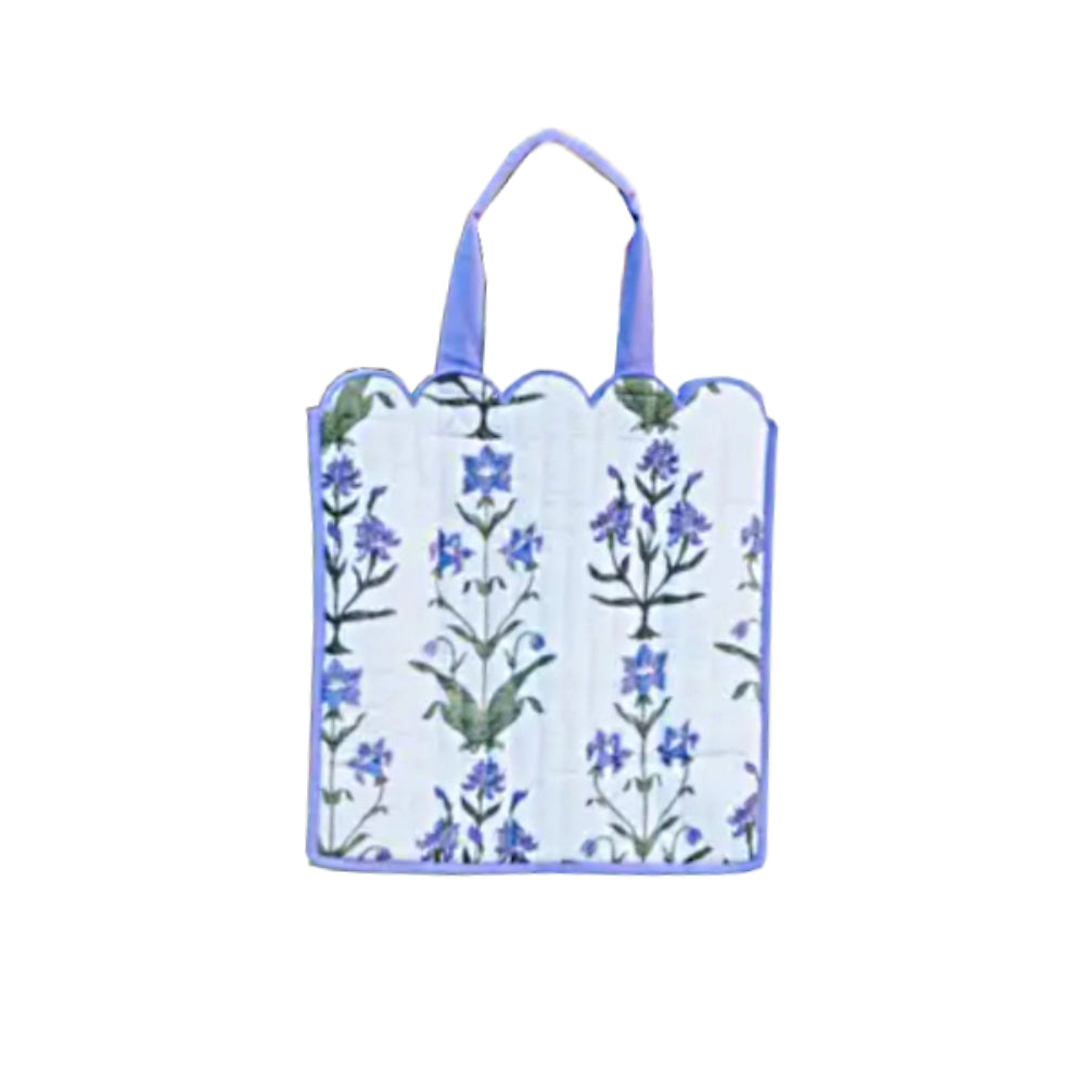 Blue and white floral design bag on a white background