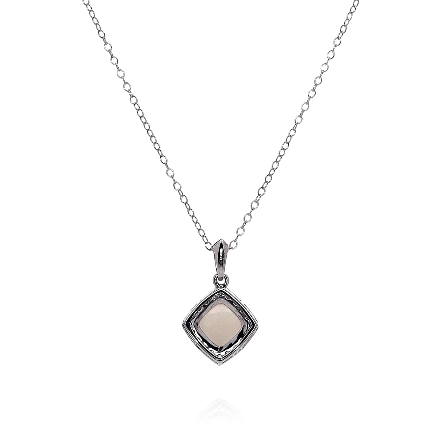 14k White Gold Cushion Shape Opal and Diamond Halo Pendant Necklace