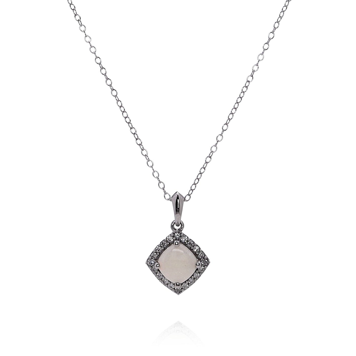 14k White Gold Cushion Shape Opal and Diamond Halo Pendant Necklace