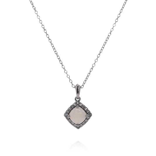 14k White Gold Cushion Shape Opal and Diamond Halo Pendant Necklace