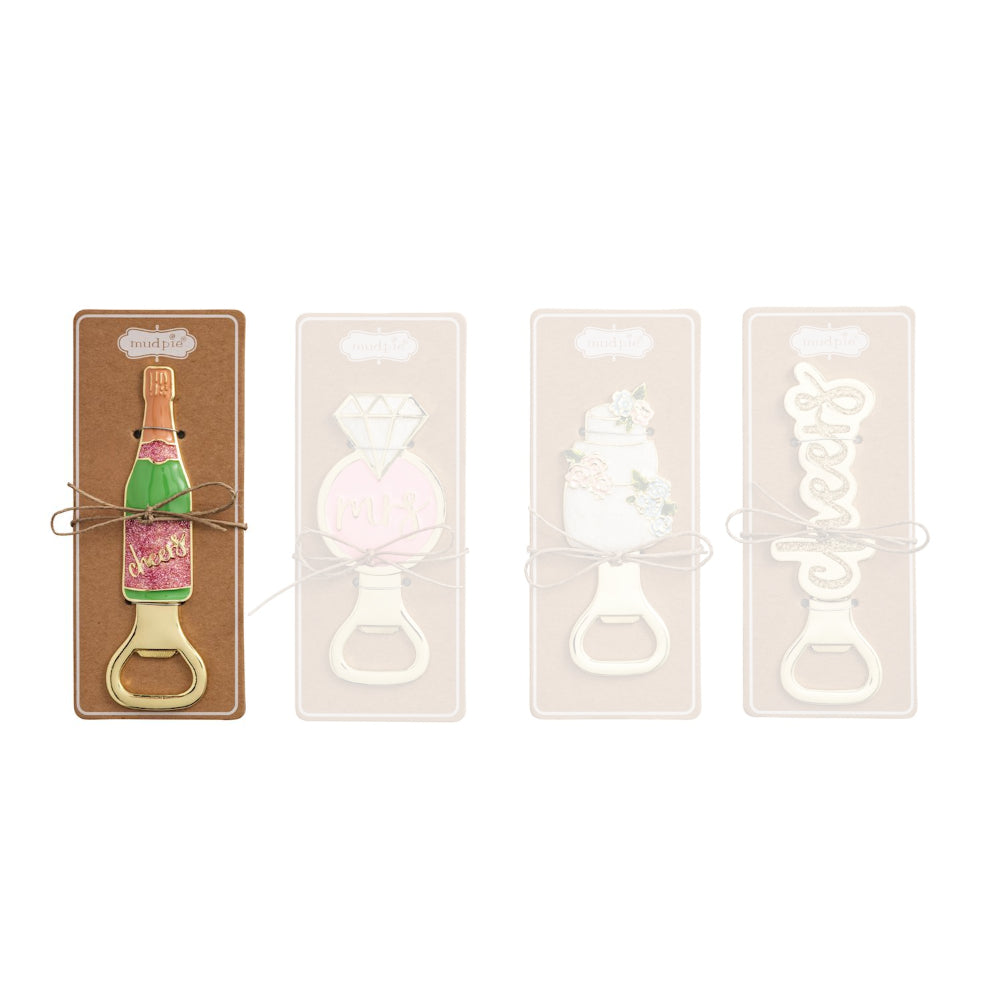 Colorful champagne bottle, bottle opener in packaging on a white background.