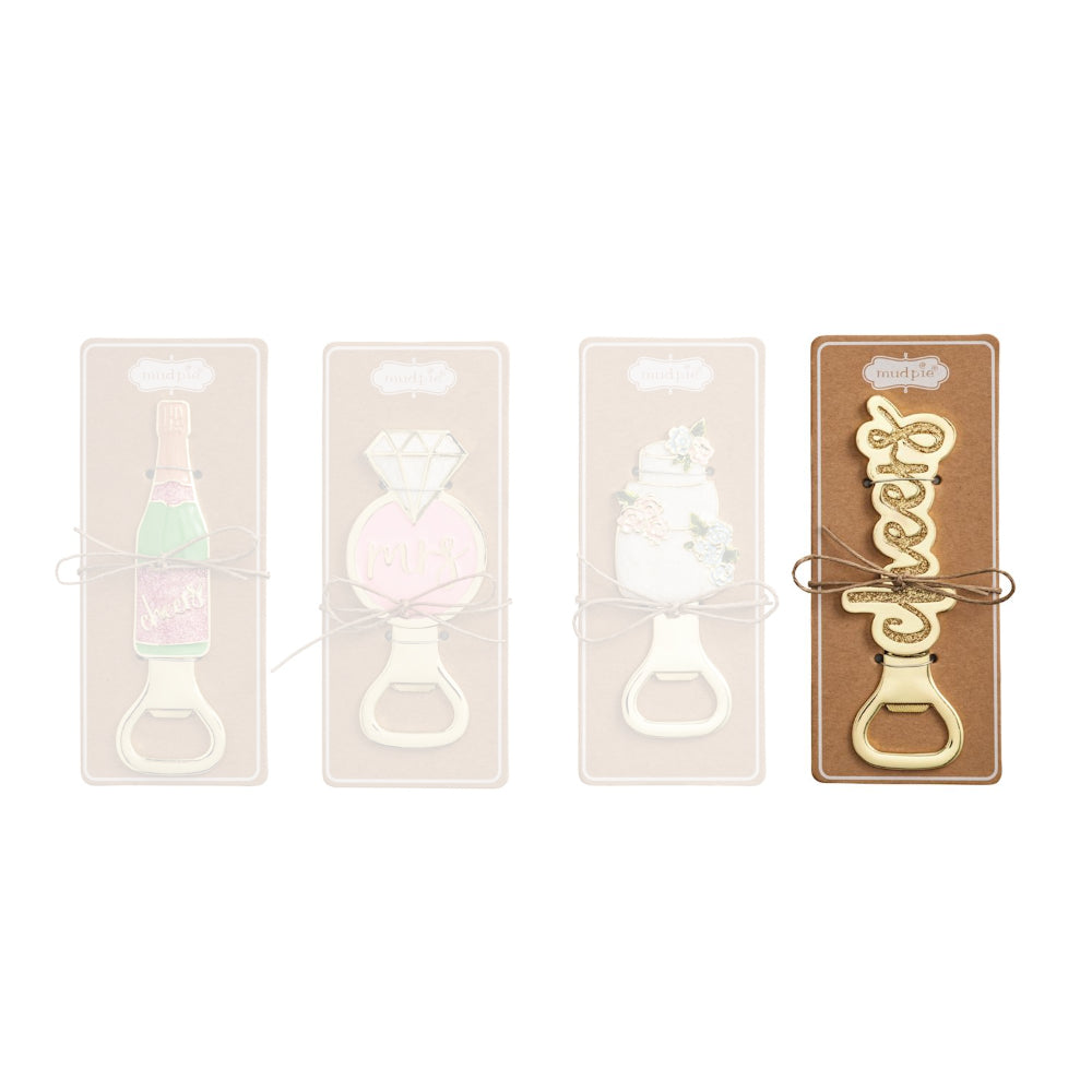 Gold cheers bottle opener with decorative packaging on a white background.