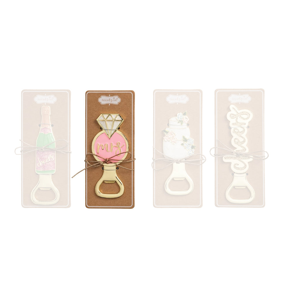 Pink and gold bottle opener in packaging on a white background.