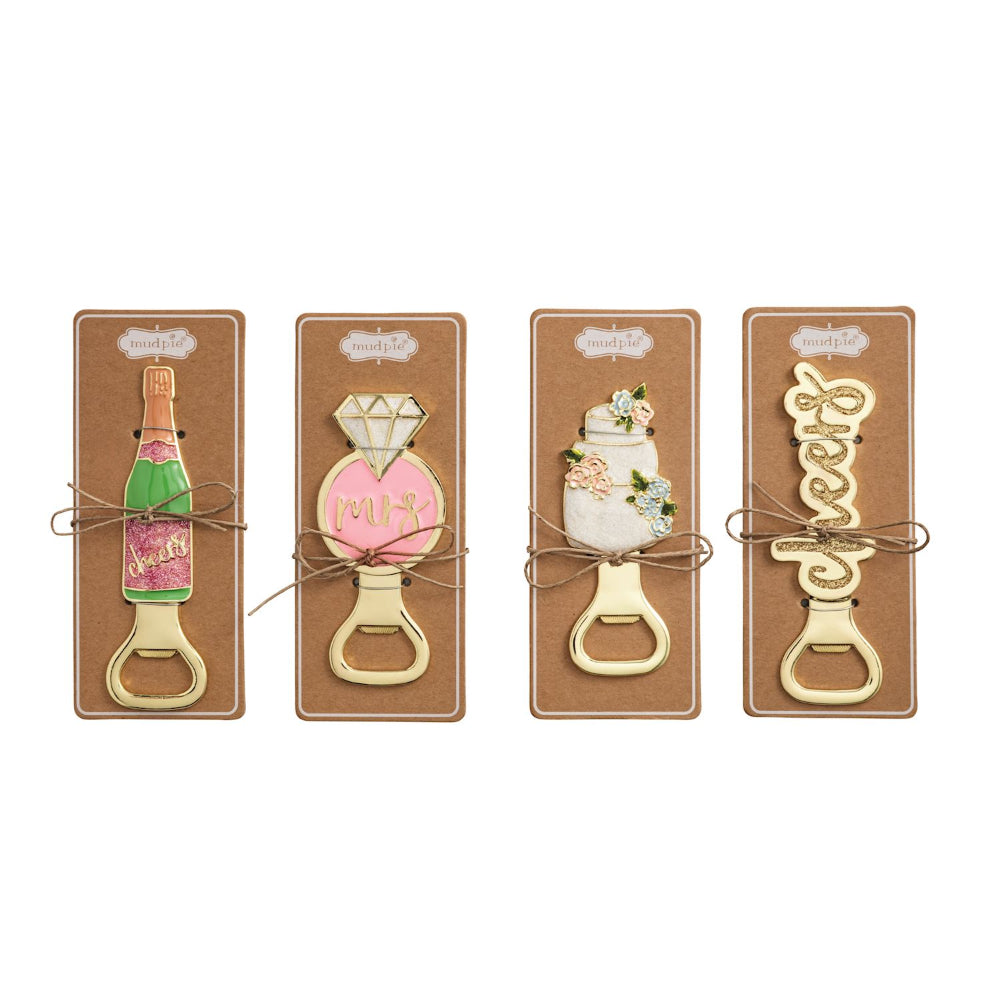 Four decorative bottle openers on their packaging with a white background.