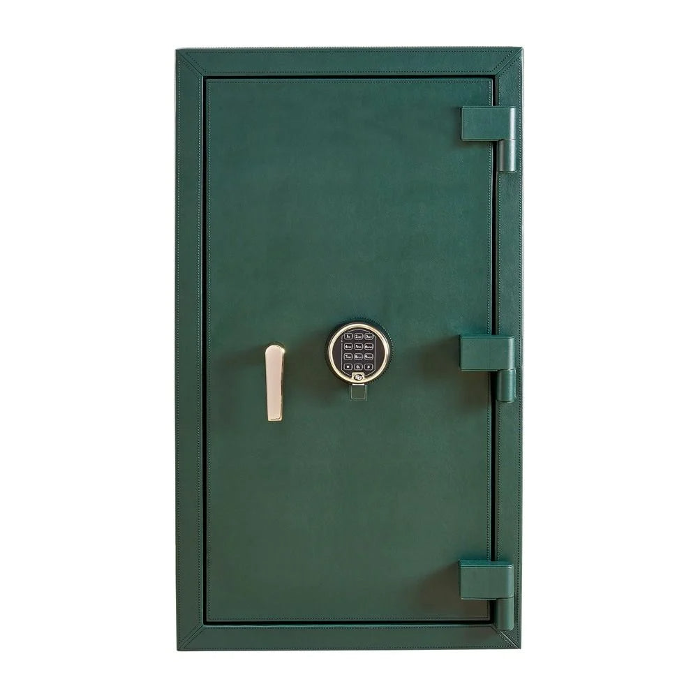 Green safe door with a lock on a white background