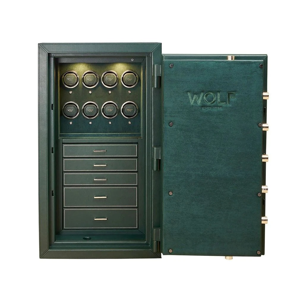 Green wolf vault with open door showing interior compartments on a white background
