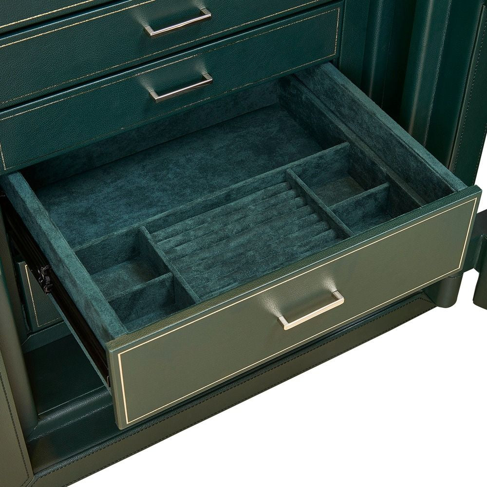 Green jewelry box with an open drawer containing compartments.