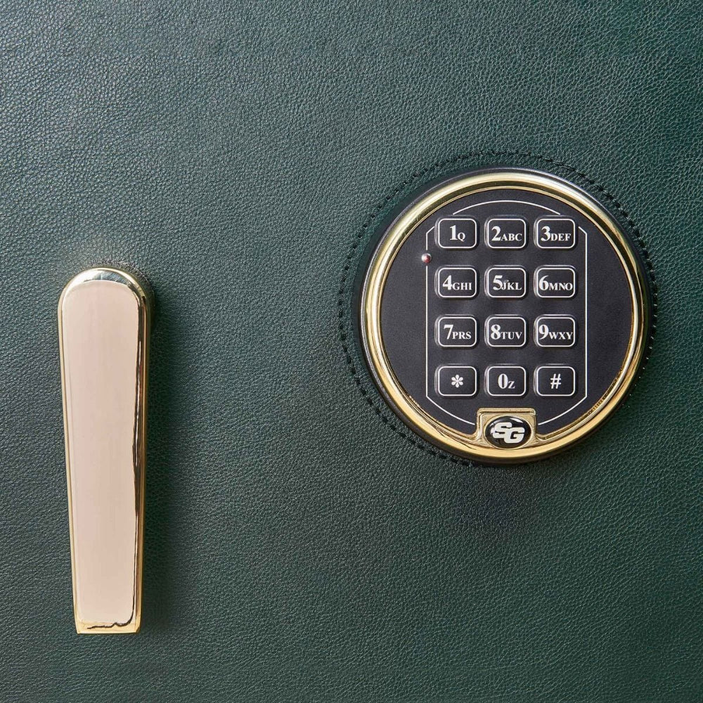 Green safe with electronic keypad and gold handle