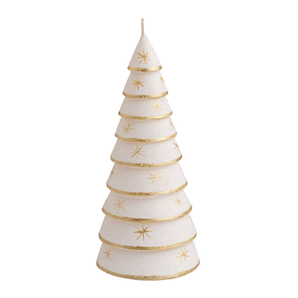 A Christmas tree-shaped candle with a textured off-white body and metallic gold starburst patterns and borders, isolated on a white background.