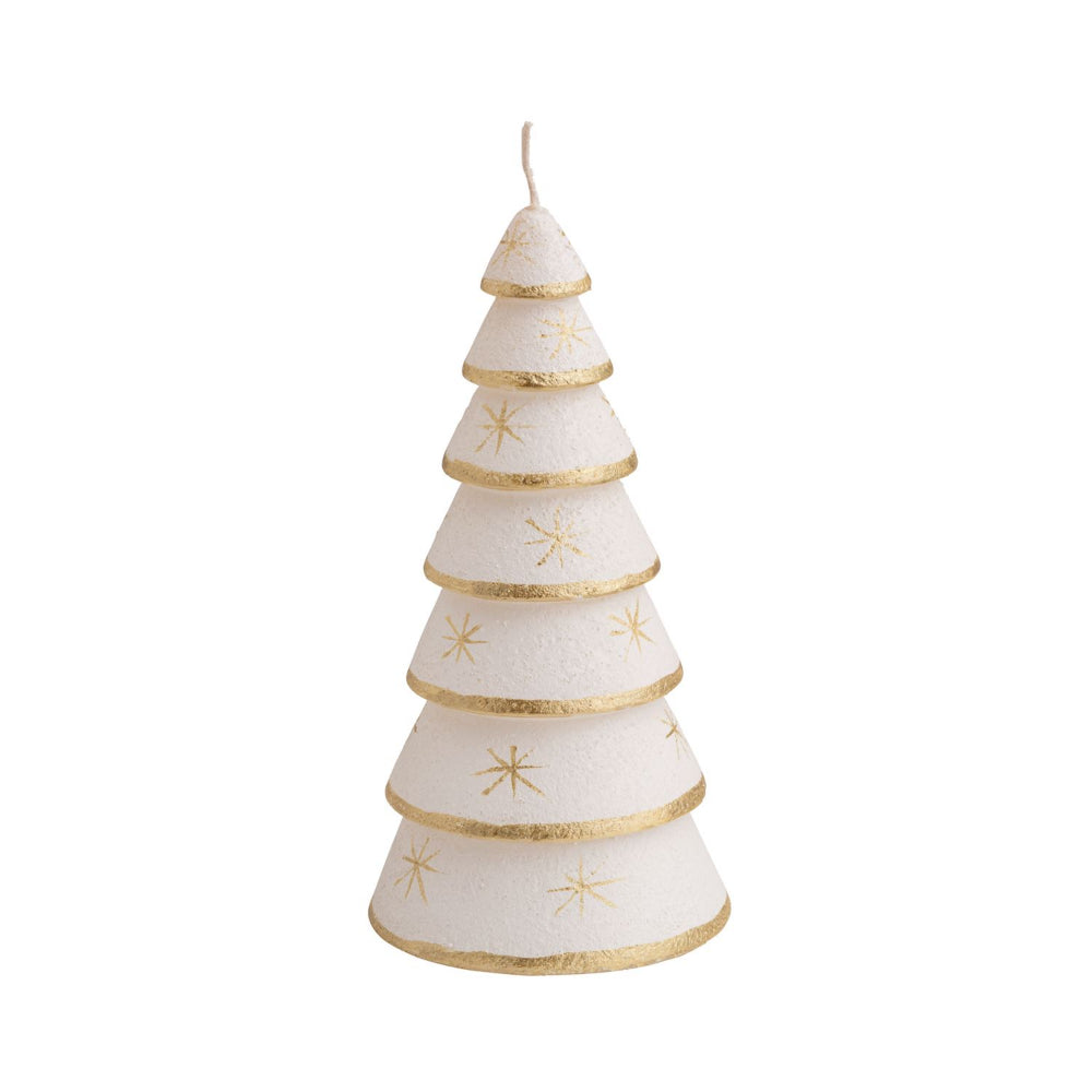 A Christmas tree-shaped candle in textured off-white with metallic gold star accents and gold glittery rings, isolated on a white background.