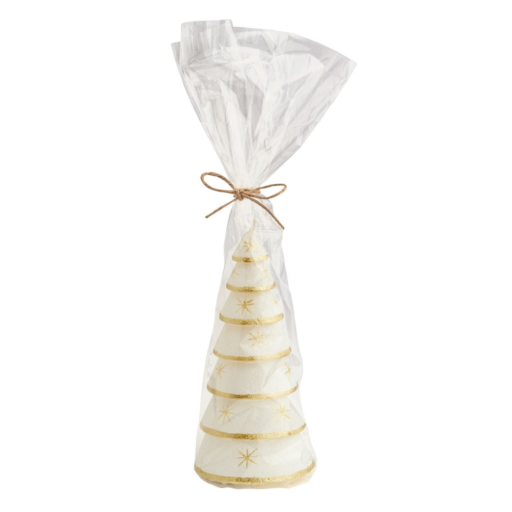 A white Christmas tree-shaped confection or candle wrapped in clear cellophane, tied with a thin twine bow at the top, on a plain white background.