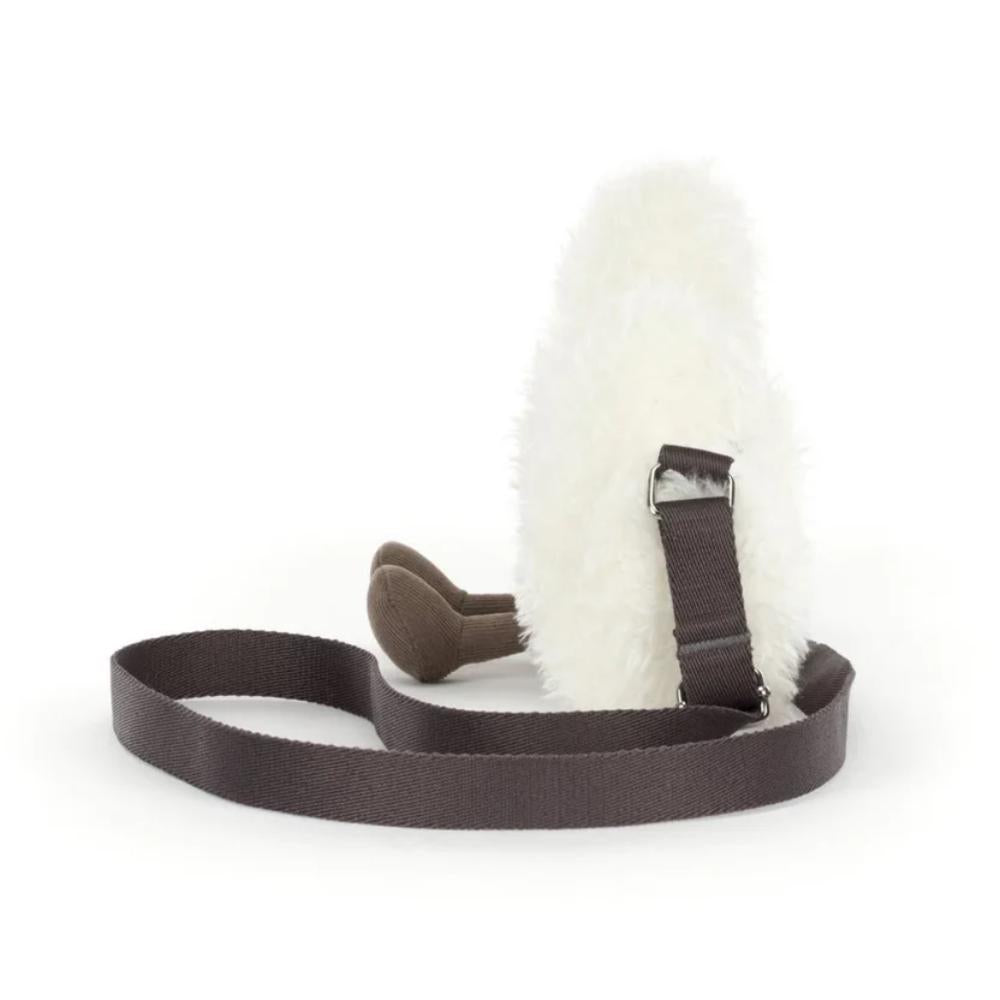 White plush cloud pouch with a brown   strap on a white background