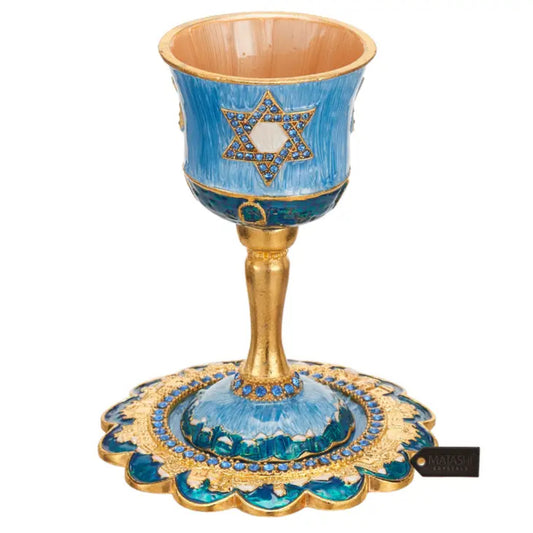 Matashi Hand-Painted Enamel Tall 5" Kiddush Cup Set W Stem and Tray