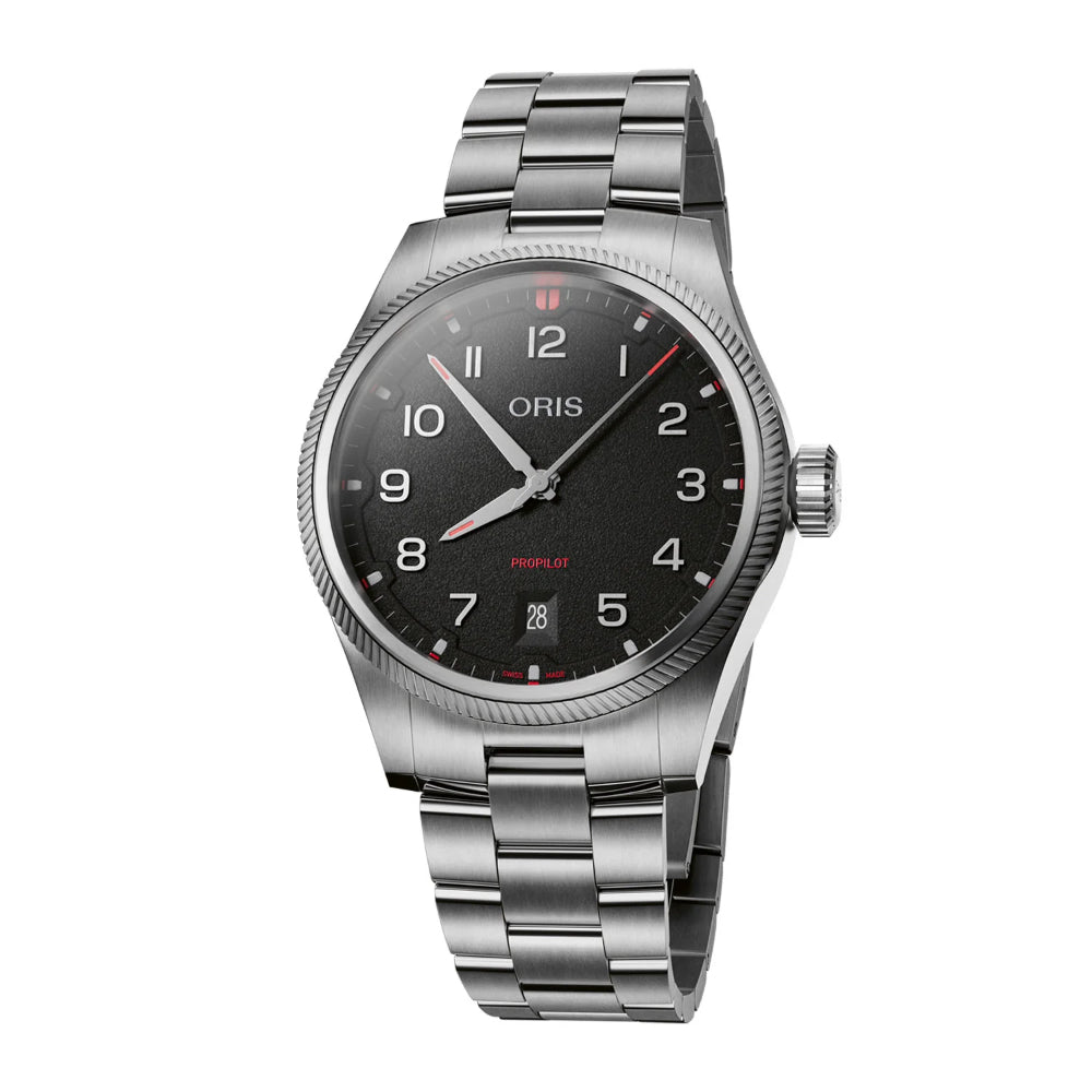 An Oris Piloter watch with a stainless steel link bracelet, a black dial, and a textured bezel, shown against a plain white background.
