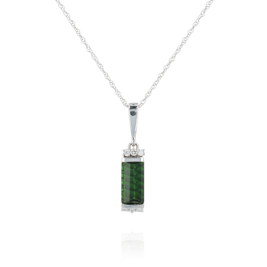 14k White Gold Rectangle Green Tourmaline and Diamond Pendant Necklace