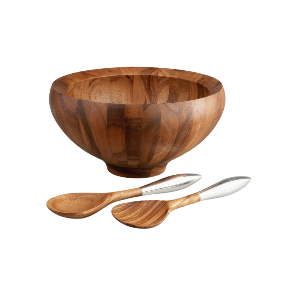 A brown Acacia wood salad bowl with alloy-trimmed servers on a white background.