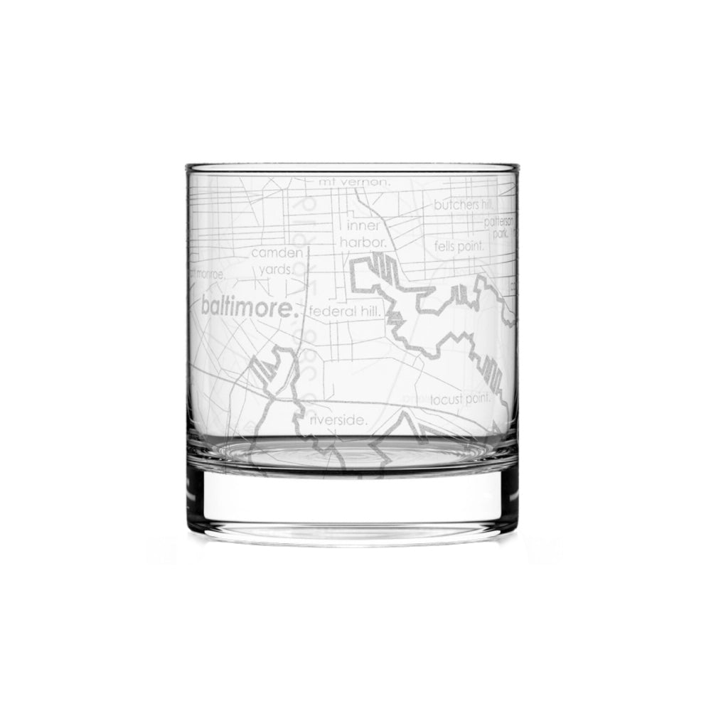 Well Told Baltimore Maryland Map Etched Rocks Whiskey Glass
