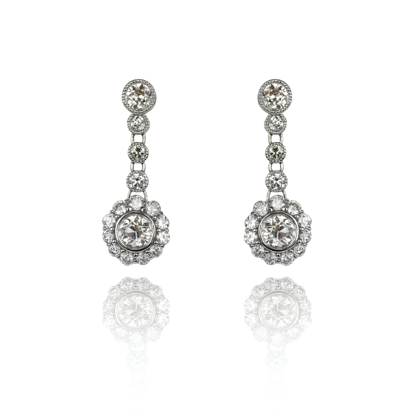 Estate 18 Karat White Gold Milgrain Dangle Diamond Earrings