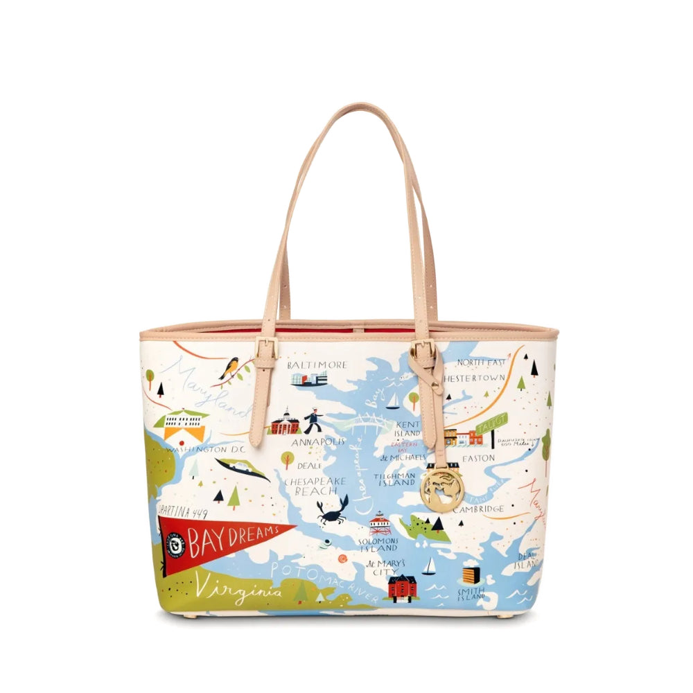 Tote bag with a colorful map of the  Chesapeake Bay on a white background.