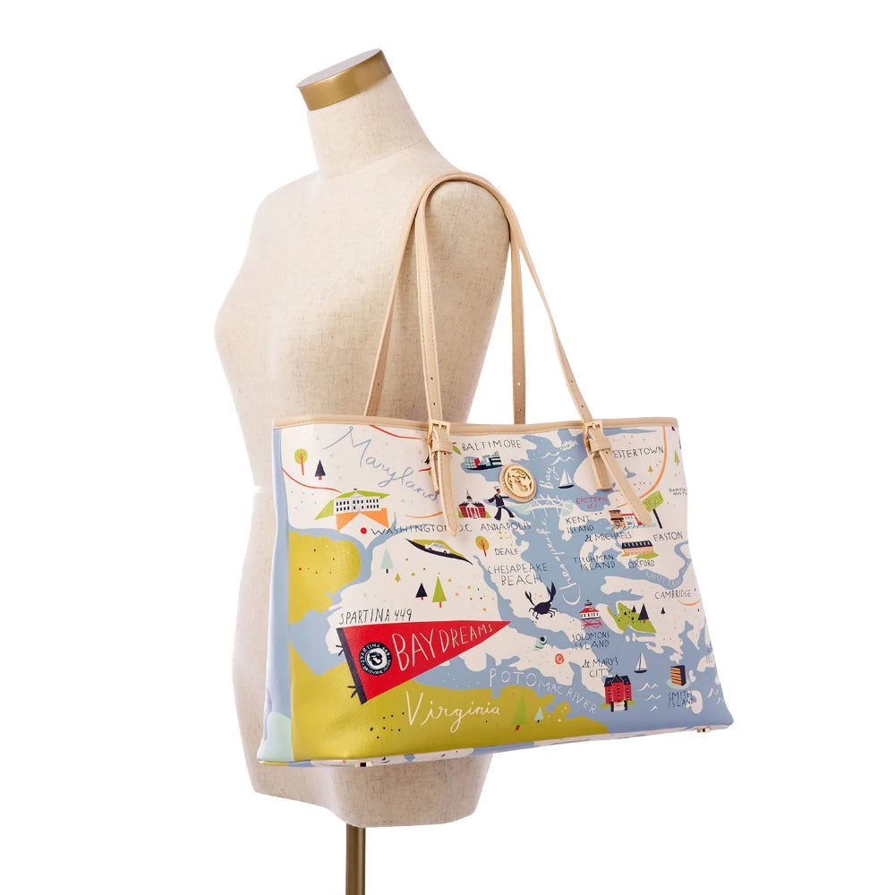 Tote bag with a colorful map design of the Chesapeake Bay on a beige mannequin on a white backround. 