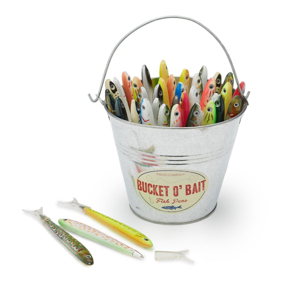 Metal bucket filled with colorful fishing lures on a white background.