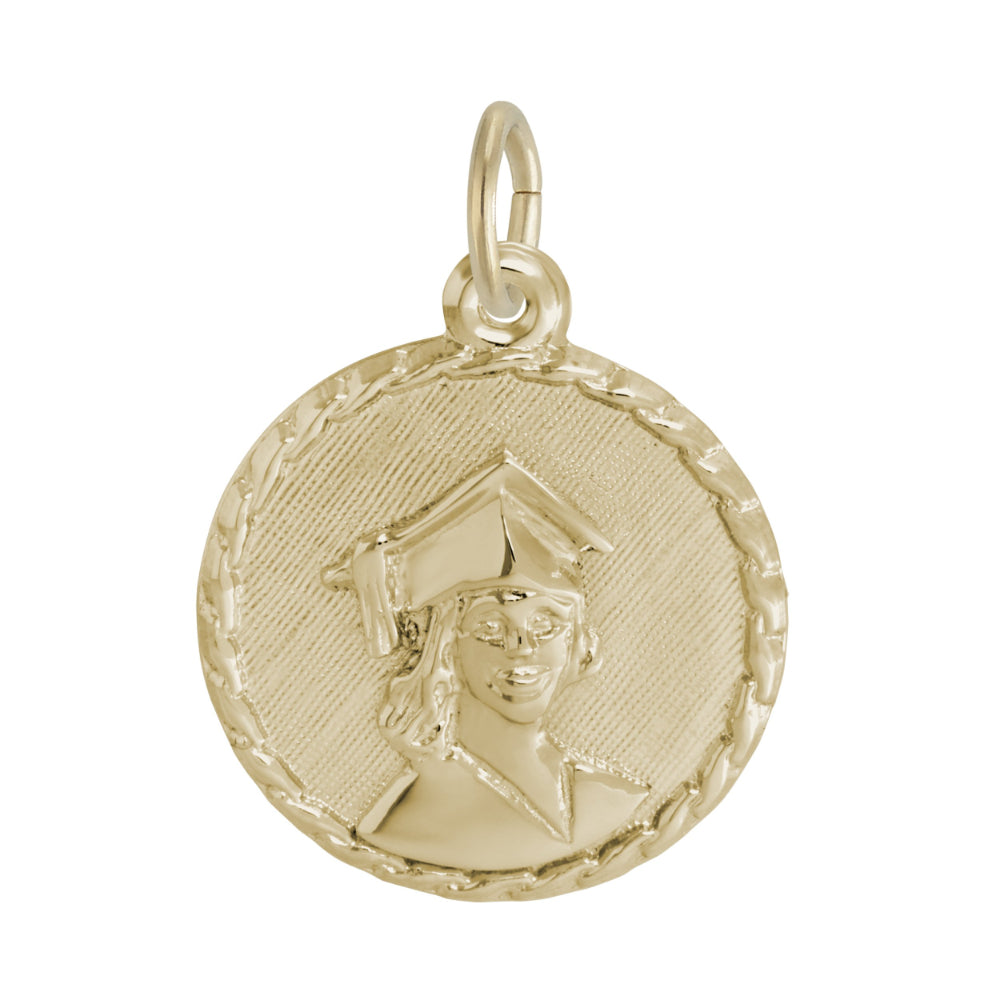 Gold disc charm with a raised graduate design on a white background