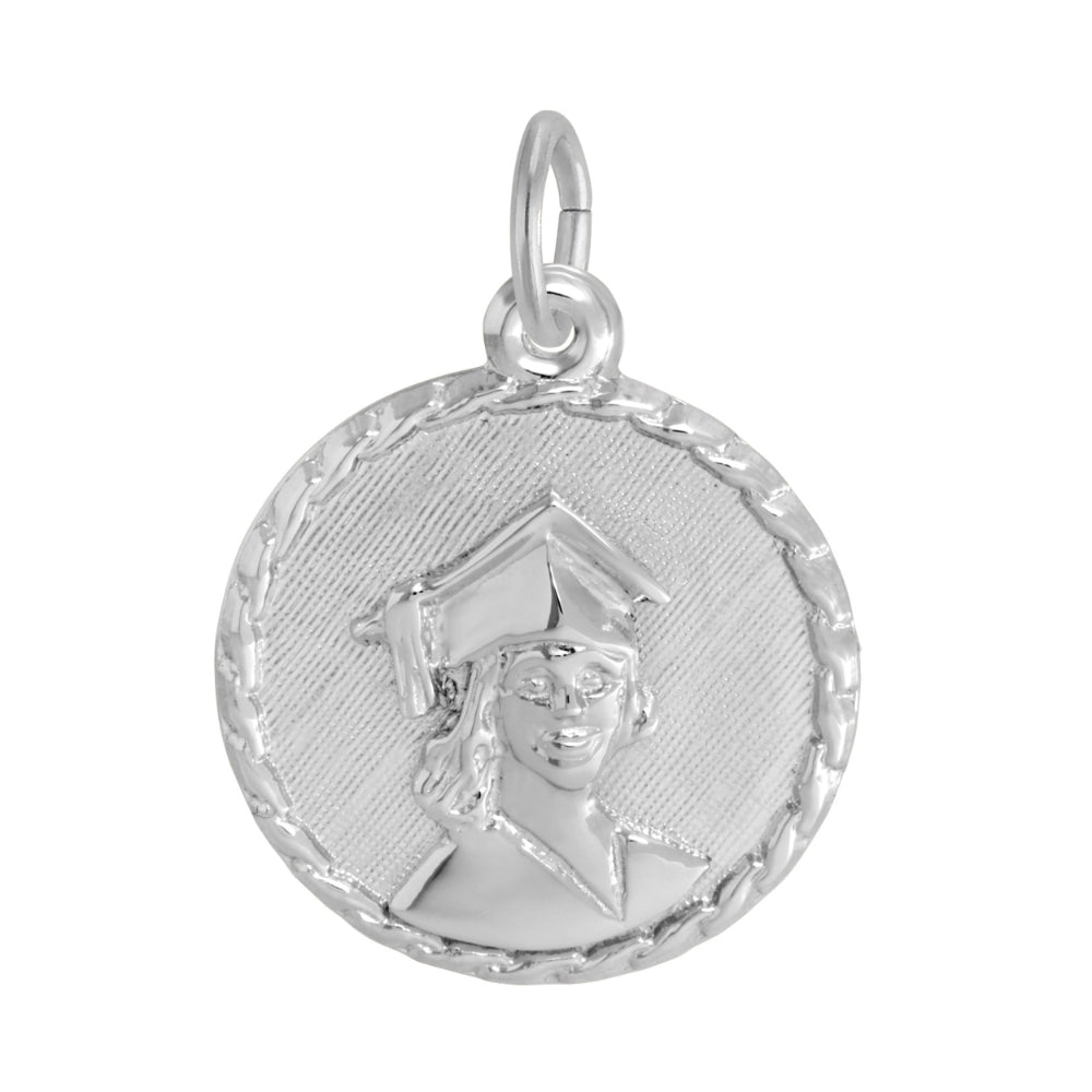 Silver disc charm with a raised graduate design on a white background