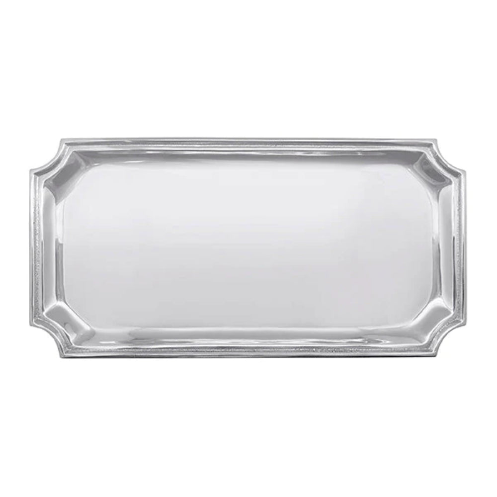 Silver decorative tray on a white background.