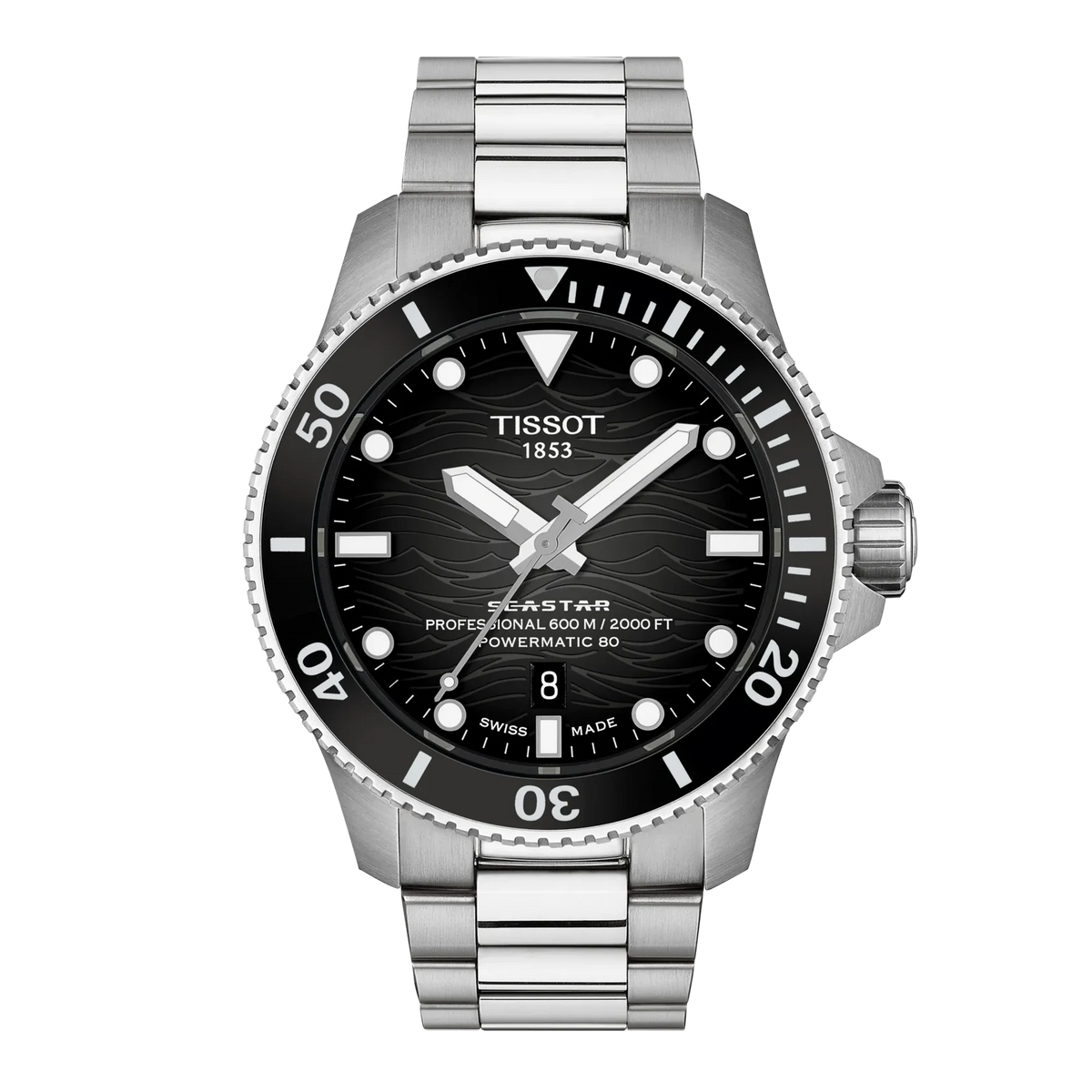 Tissot Seastar 1000 Powermatic 80 watch with black dial and silver metal bracelet on a white background
