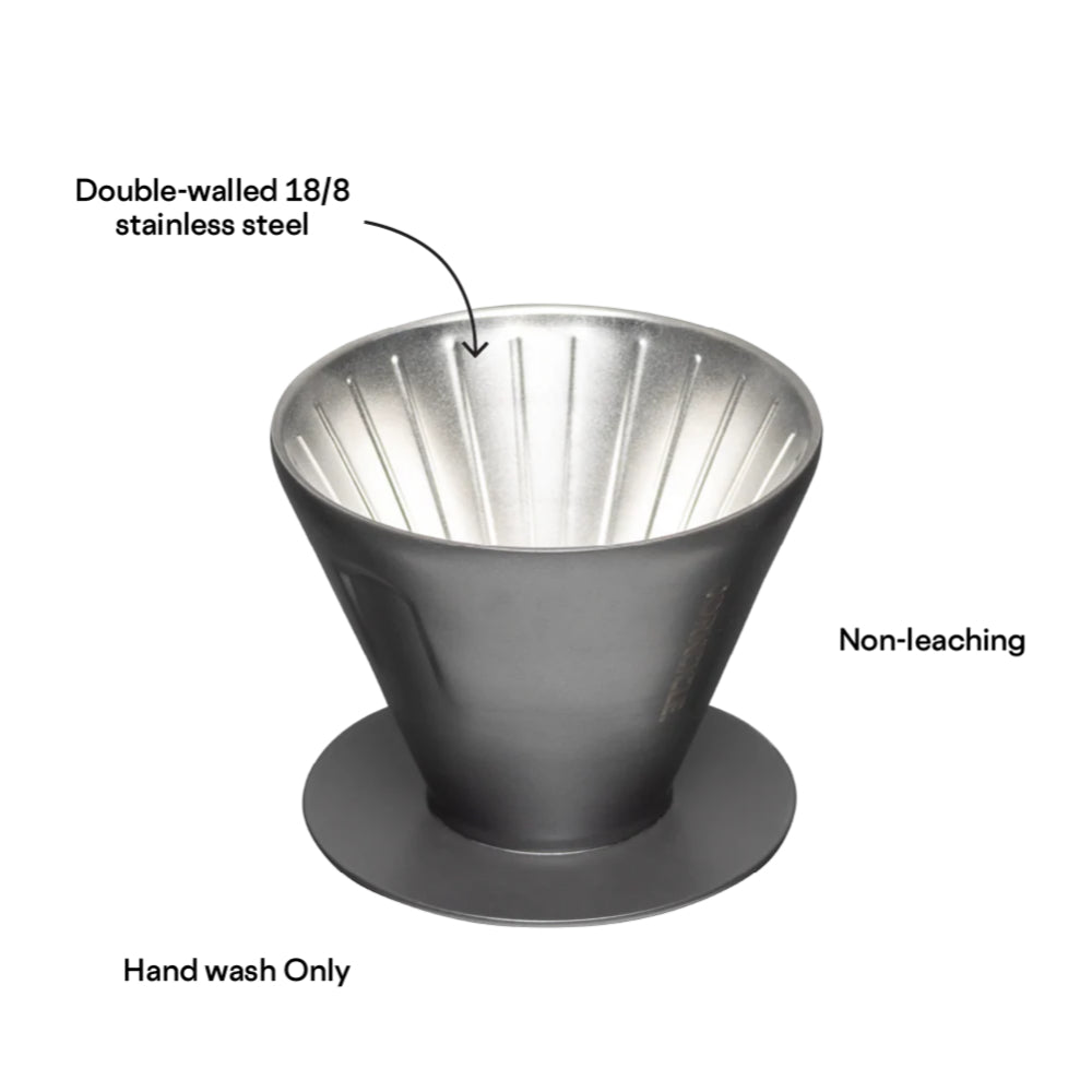Gray and silver double-walled stainless steel coffee pour-over with text indicating material and care instructions.