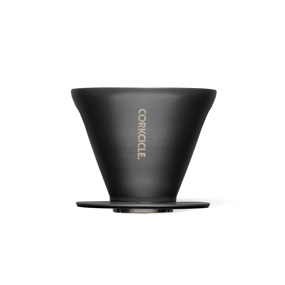 Black stainless steel coffee Pour-Over with Corkcicle logo on a white background.
