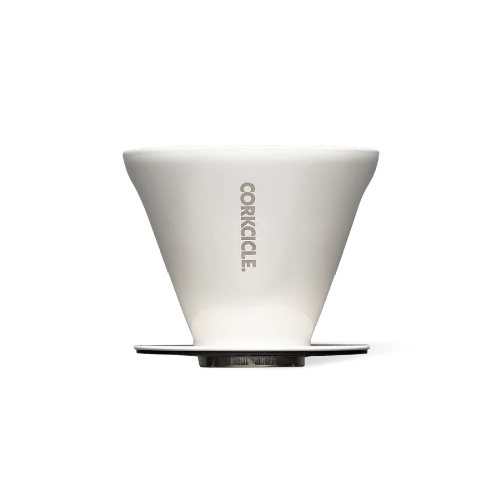 White Stainless steal coffee pour-over with 'Corkcicle' branding on a white background.