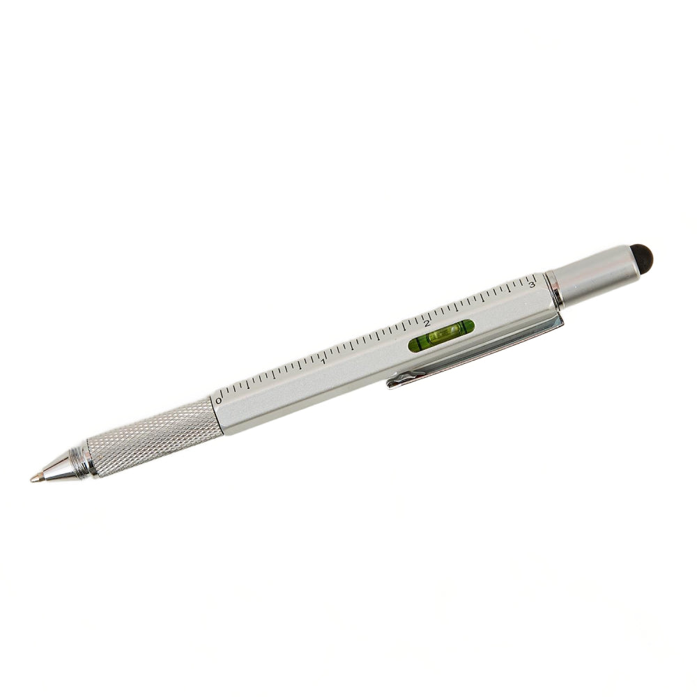 Silver multi-tool pen  on a white background.
