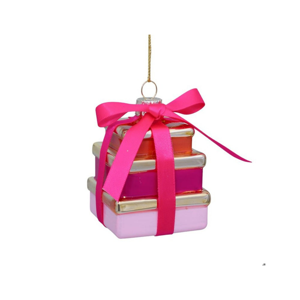Stack of gift boxes ornament with a pink ribbon on a white background