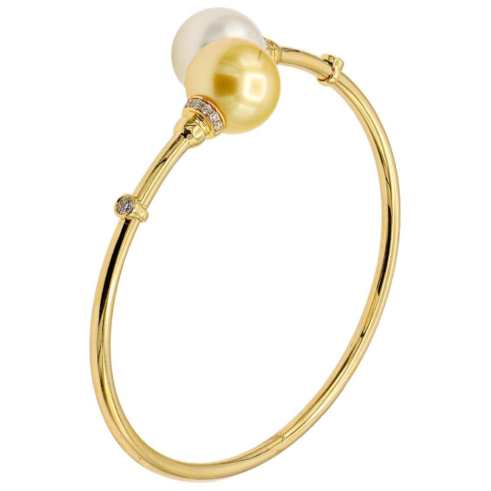 18k Gold South Sea and Gold Pearl Diamond Bypass Bangle Bracelet