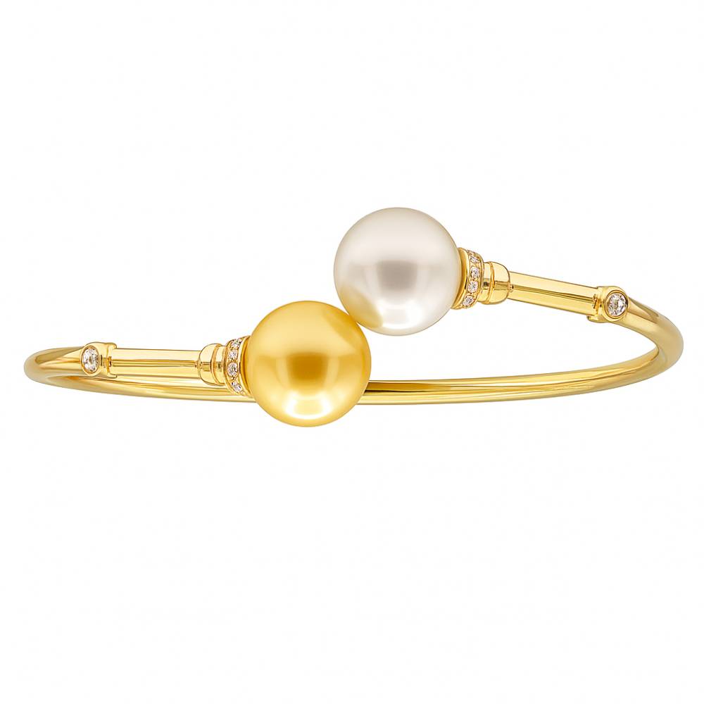 18k Gold South Sea and Gold Pearl Diamond Bypass Bangle Bracelet
