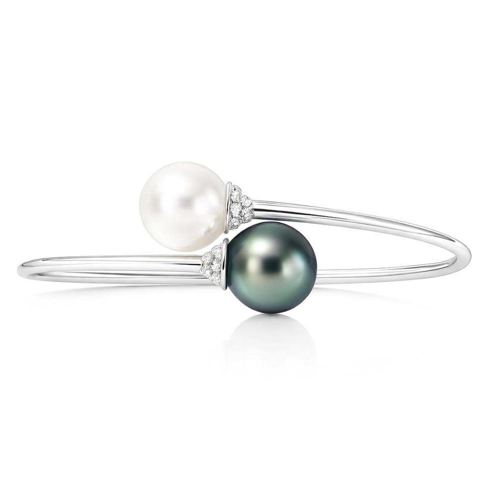 18k Gold South Sea and Tahitian Pearl Diamond Bypass Bangle Bracelet