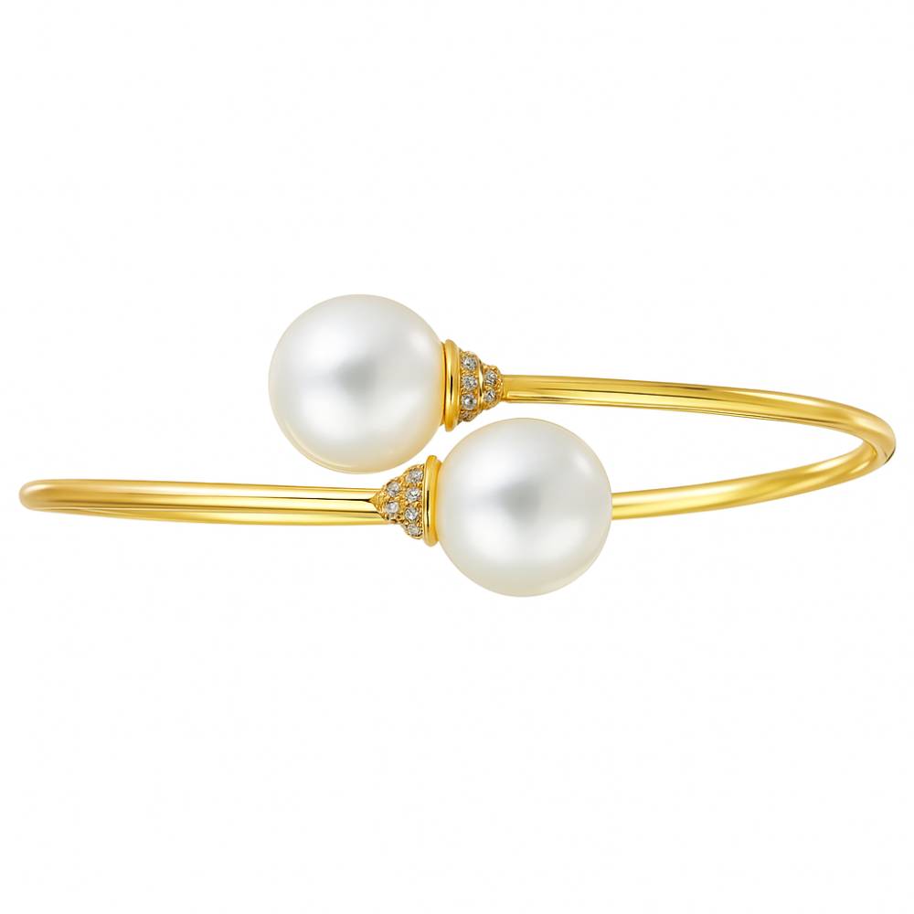 18k Gold South Sea Pearl Diamond Bypass Bangle Bracelet